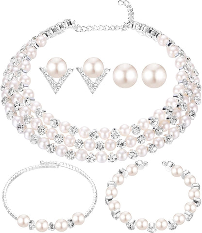 3-Piece Pearl Rhinestone Jewelry Set