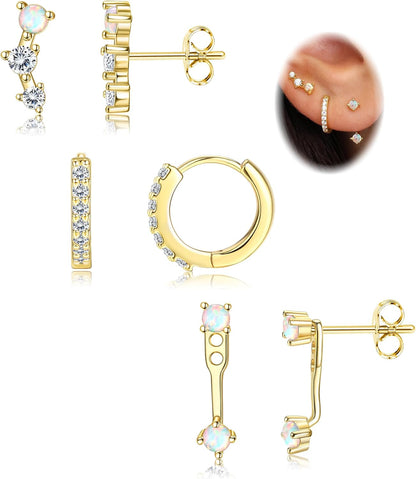 FIASASO 3 Pairs 925 Sterling Silver Hypoallergenic Earrings Set for Multiple Piercing Dainty 14K Gold Plated Stud Huggie Small Hoop Earrings for Women Trendy Cute Earring Stacks for Sensitive Ears