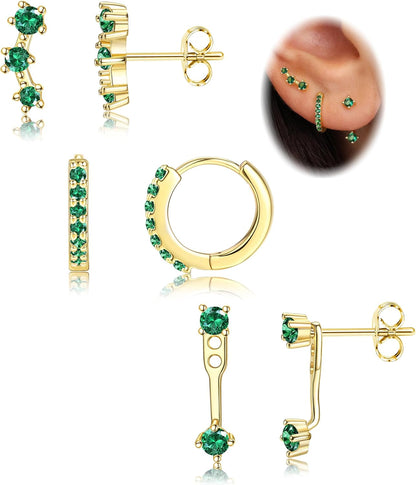 FIASASO 3 Pairs 925 Sterling Silver Hypoallergenic Earrings Set for Multiple Piercing Dainty 14K Gold Plated Stud Huggie Small Hoop Earrings for Women Trendy Cute Earring Stacks for Sensitive Ears