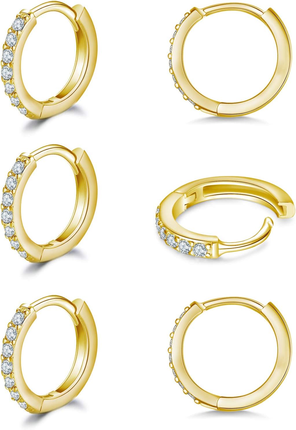 925 Sterling Silver Small Hoop Earrings Cubic Zirconia Huggie Hoop Earrings, 3 Pairs 14K White Gold Plated Cartilage Piercing Earrings Ear Cuff Tiny Hoop Earrings for Women Men