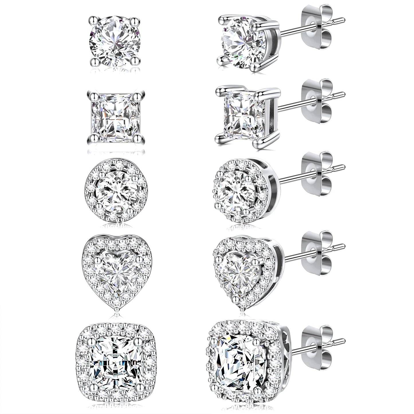 5-Pair Gold-Tone CZ Stud Earrings Set
