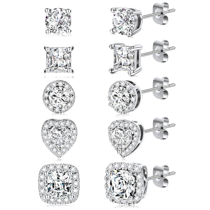 5-Pair Gold-Tone CZ Stud Earrings Set