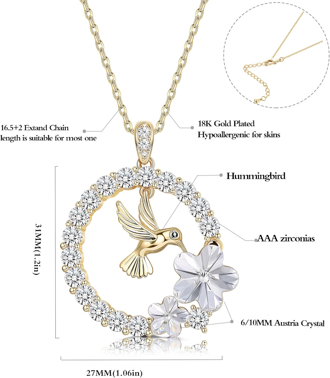 Sllaiss 18K Gold Plated Hummingbird Pendant Necklace for Women Circle Necklace, Animal Necklace Crystals from Austria,Jewelry Gifts for Christmas