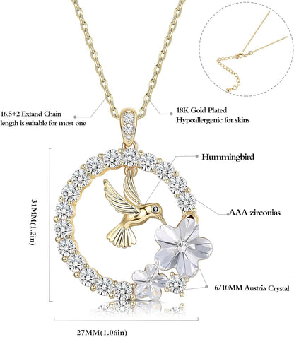 Sllaiss 18K Gold Plated Hummingbird Pendant Necklace for Women Circle Necklace, Animal Necklace Crystals from Austria,Jewelry Gifts for Christmas