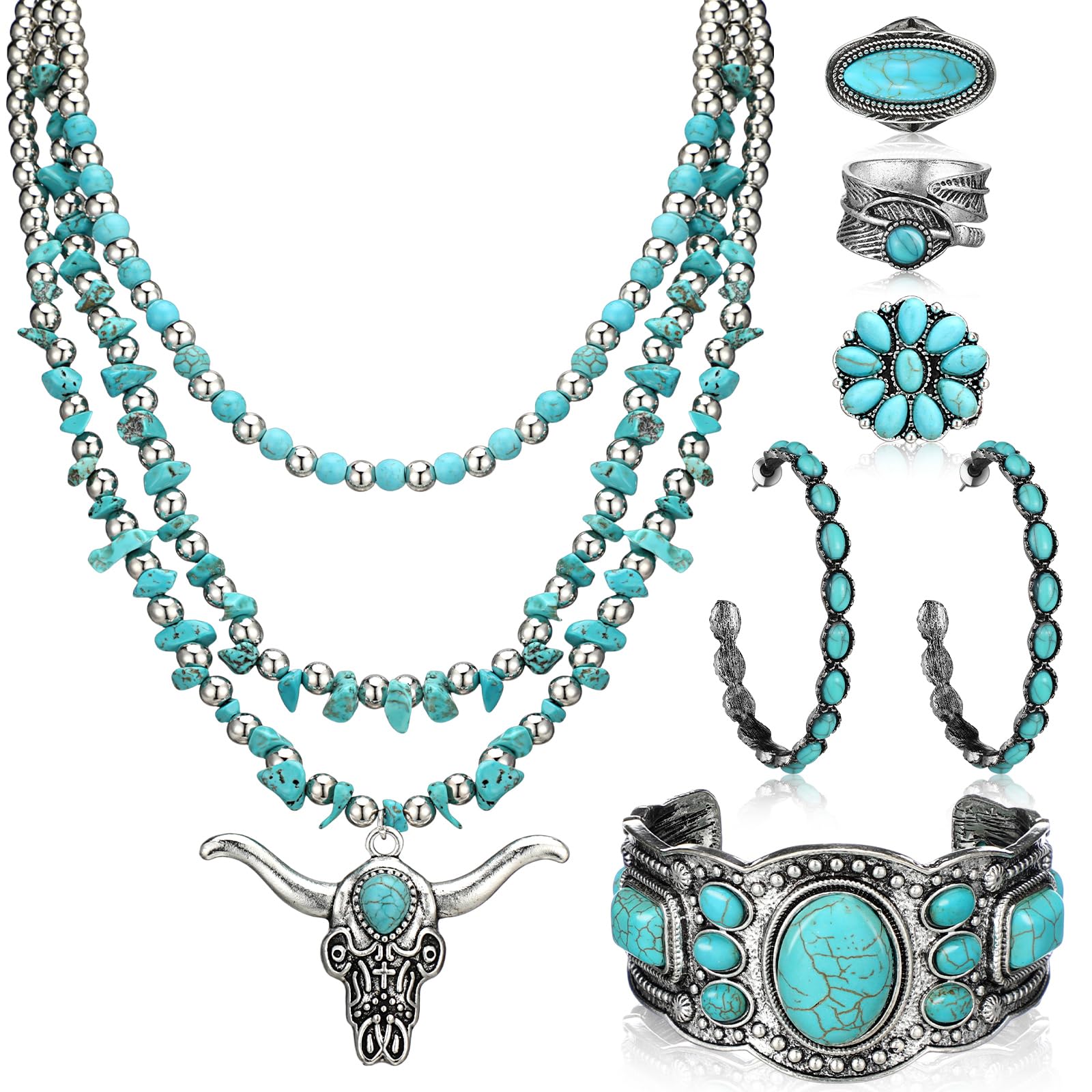 Bohemian Western Jewelry Turquoise Set Women Country Pendant Long Choker Layered Bracelets Earrings Ring for Women