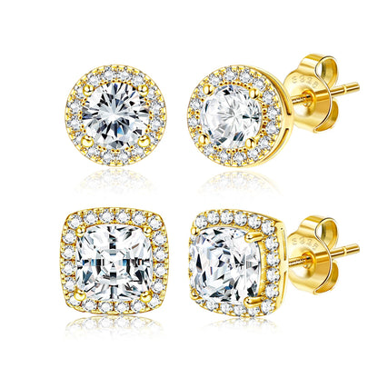 18K Gold Plated Halo Stud Earrings 925 Sterling Silver Cubic Zirconia Stud Earrings Round Square Diamonique Stud Earrings Set for Women Men