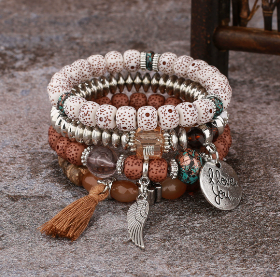 Boho Multi-Layer Stackable Beaded Stretch Bracelet, Bohemian Wrap Bracelet with Tassel & "I Love You" Charm