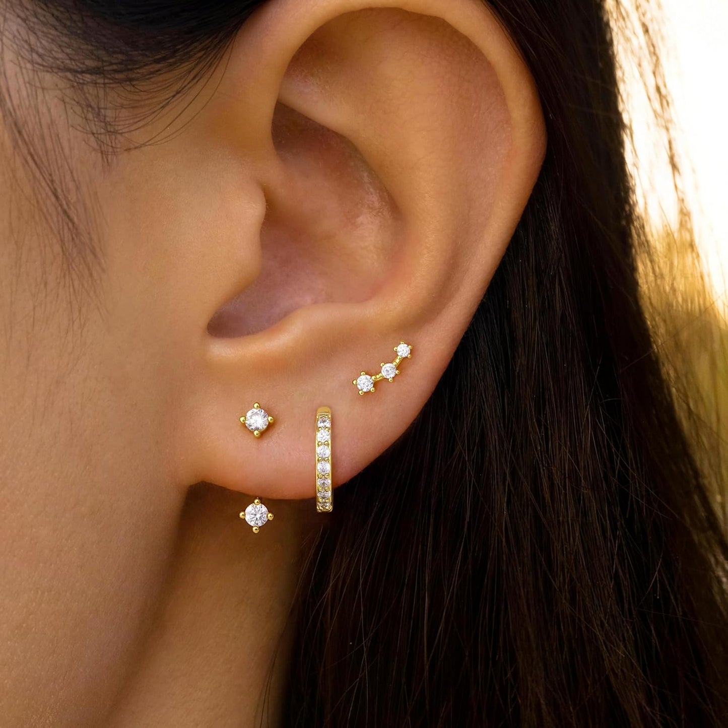 Gold Stud Earrings Set for Women, 3 Pairs Huggie Hoop Jacket Studs Earring Stack for Multiple Piercing, Hypoallergenic 925 Sterling Silver Post Dainty Birthstone Trendy Valentine Jewelry Gifts