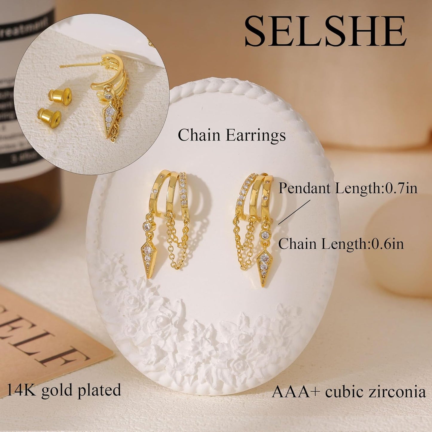 Dangle Earrings for Women,14k Gold Plated Triple Huggie Stud Earrings Cute Statement Chain Earring Dainty Drop Earrings for Women Trendy Gold Plated Jewelry