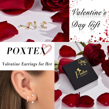 Gold Stud Earrings Set for Women, 3 Pairs Huggie Hoop Jacket Studs Earring Stack for Multiple Piercing, Hypoallergenic 925 Sterling Silver Post Dainty Birthstone Trendy Valentine Jewelry Gifts