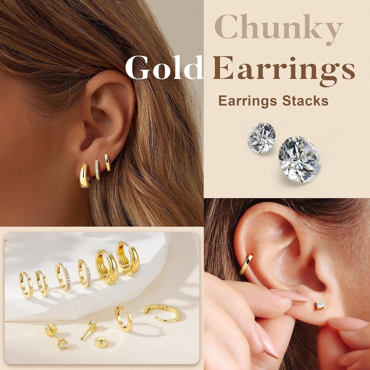 Turandoss Gold Hoop Earrings for Women, 14K Gold Plated Huggie Hoop Earrings Set Dainty CZ Earring Stacks for Multiple Piercing Jewelry