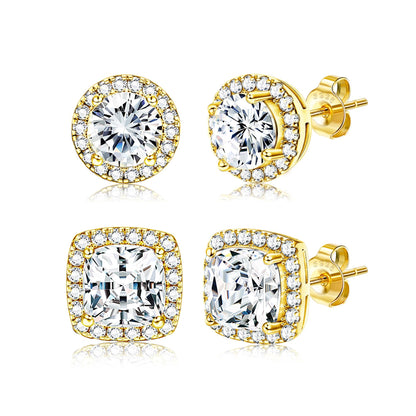18K Gold Plated Halo Stud Earrings 925 Sterling Silver Cubic Zirconia Stud Earrings Round Square Diamonique Stud Earrings Set for Women Men