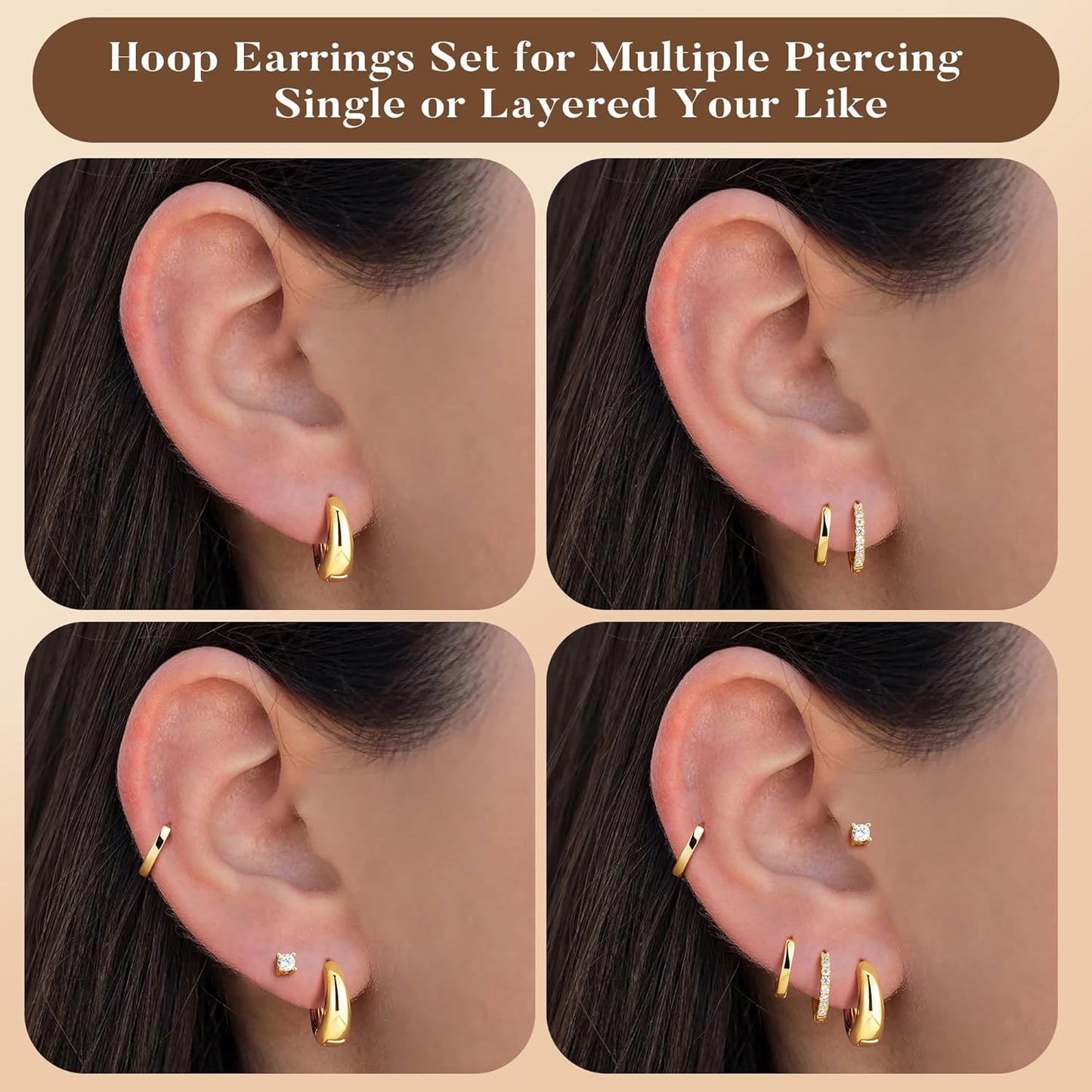 Turandoss Gold Hoop Earrings for Women, 14K Gold Plated Huggie Hoop Earrings Set Dainty CZ Earring Stacks for Multiple Piercing Jewelry