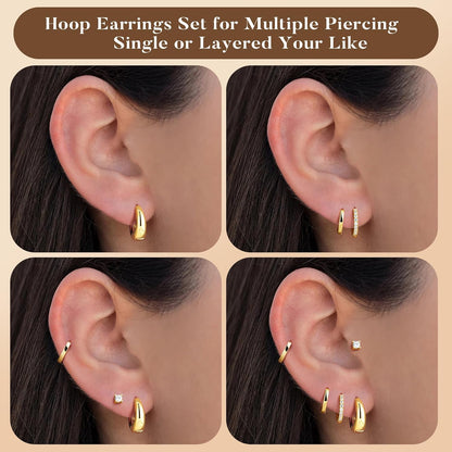 Turandoss Gold Hoop Earrings for Women, 14K Gold Plated Huggie Hoop Earrings Set Dainty CZ Earring Stacks for Multiple Piercing Jewelry