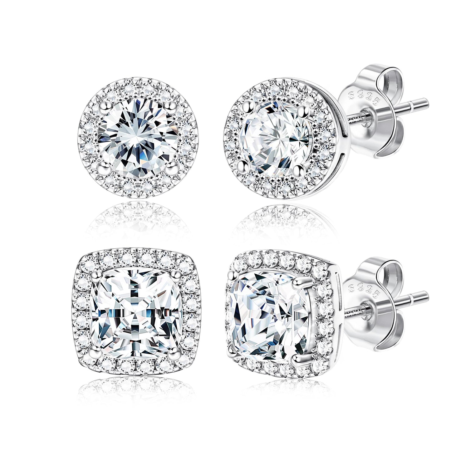 18K Gold Plated Halo Stud Earrings 925 Sterling Silver Cubic Zirconia Stud Earrings Round Square Diamonique Stud Earrings Set for Women Men