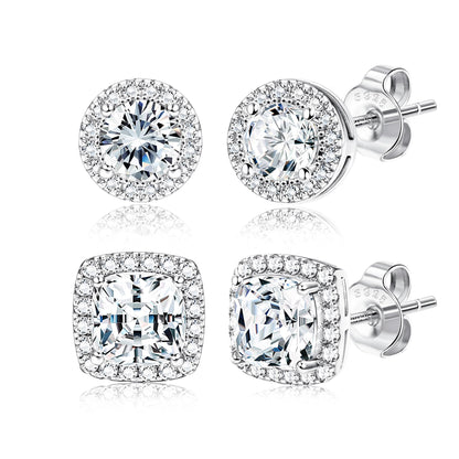 18K Gold Plated Halo Stud Earrings 925 Sterling Silver Cubic Zirconia Stud Earrings Round Square Diamonique Stud Earrings Set for Women Men