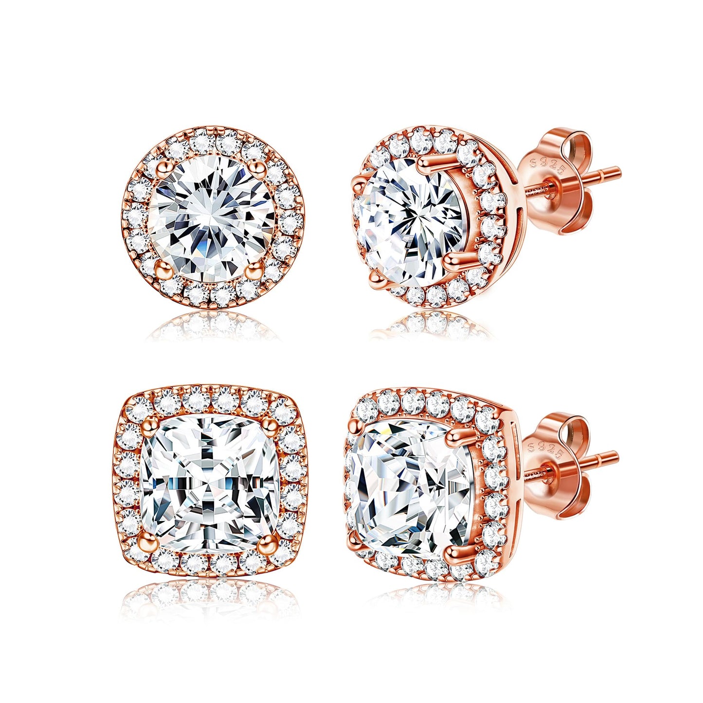 18K Gold Plated Halo Stud Earrings 925 Sterling Silver Cubic Zirconia Stud Earrings Round Square Diamonique Stud Earrings Set for Women Men