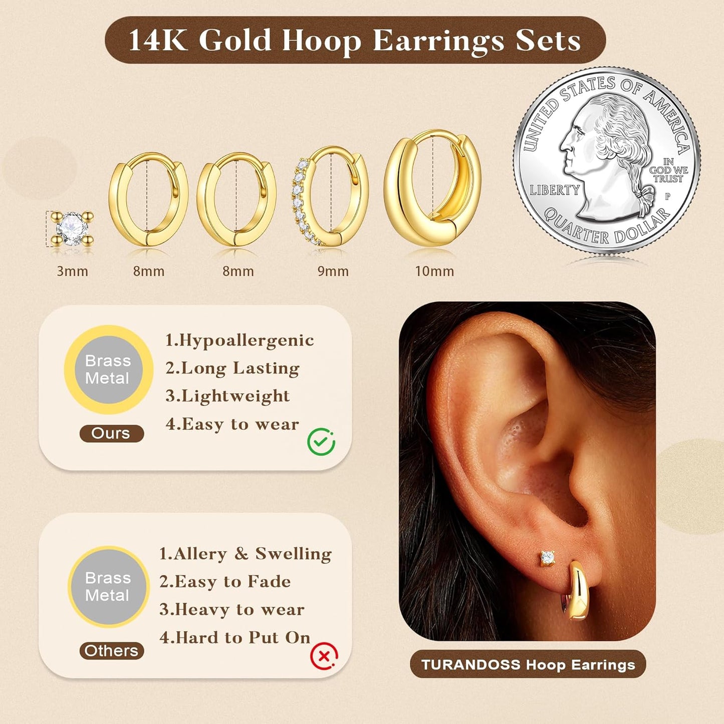 Turandoss Gold Hoop Earrings for Women, 14K Gold Plated Huggie Hoop Earrings Set Dainty CZ Earring Stacks for Multiple Piercing Jewelry