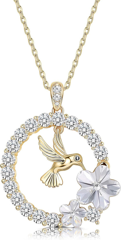 Sllaiss 18K Gold Plated Hummingbird Pendant Necklace for Women Circle Necklace, Animal Necklace Crystals from Austria,Jewelry Gifts for Christmas