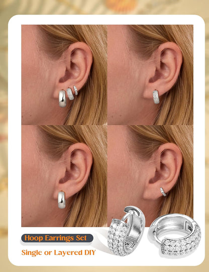 3-Pair 14K Gold Plated Silver Hoop Earrings Set