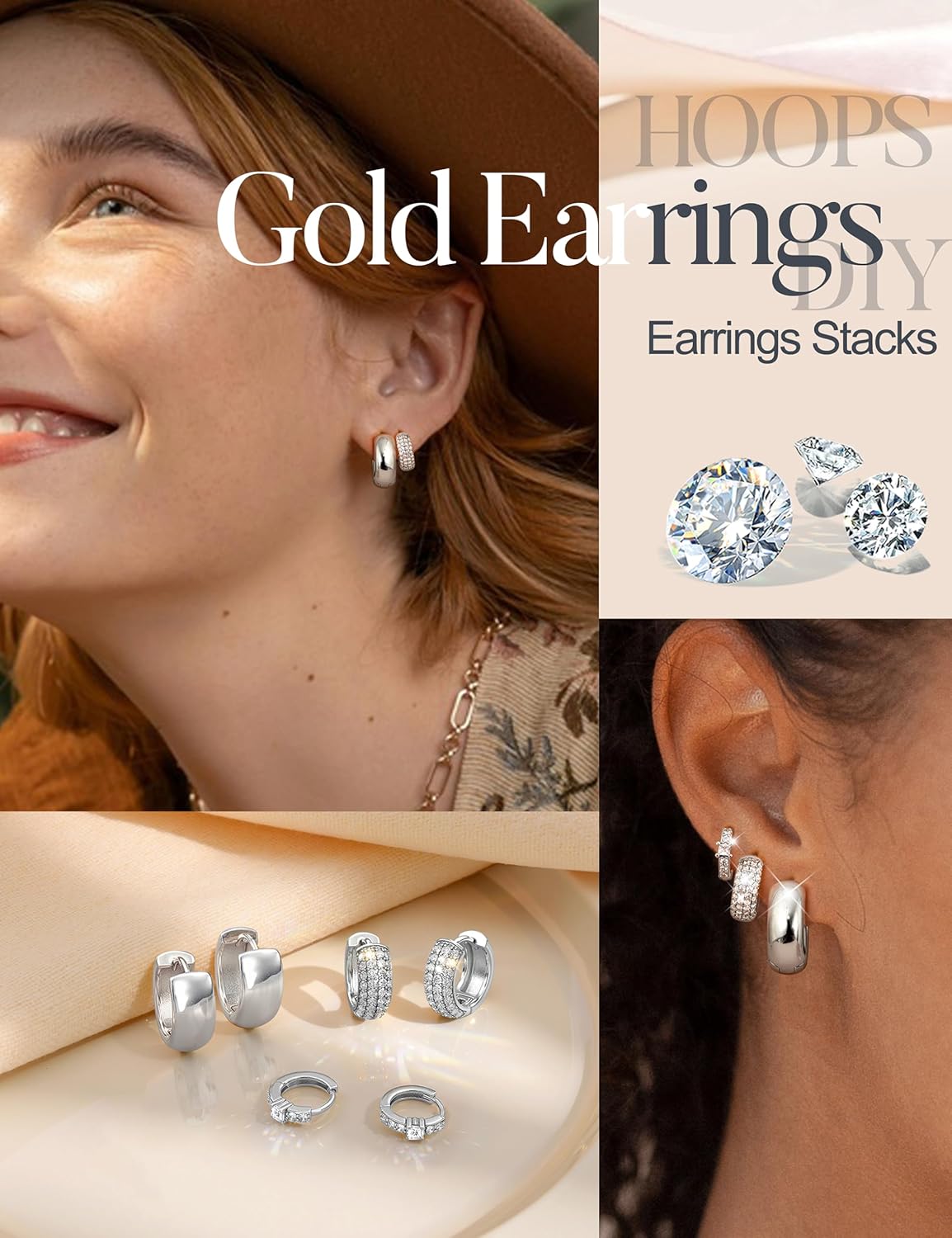 3-Pair 14K Gold Plated Silver Hoop Earrings Set