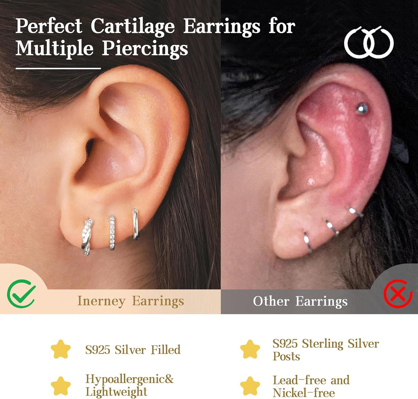 Gold Huggie Hoop Earrings Set for Women, Dainty Small Sterling Silver Earrings for Multiple Piercing Lightweight Hypoallergenic Jewelry, Trendy Twisted Cubic Zircon Cartilage Earrings for Women's Gifts 3 Pairs