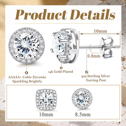 18K Gold Plated Halo Stud Earrings 925 Sterling Silver Cubic Zirconia Stud Earrings Round Square Diamonique Stud Earrings Set for Women Men