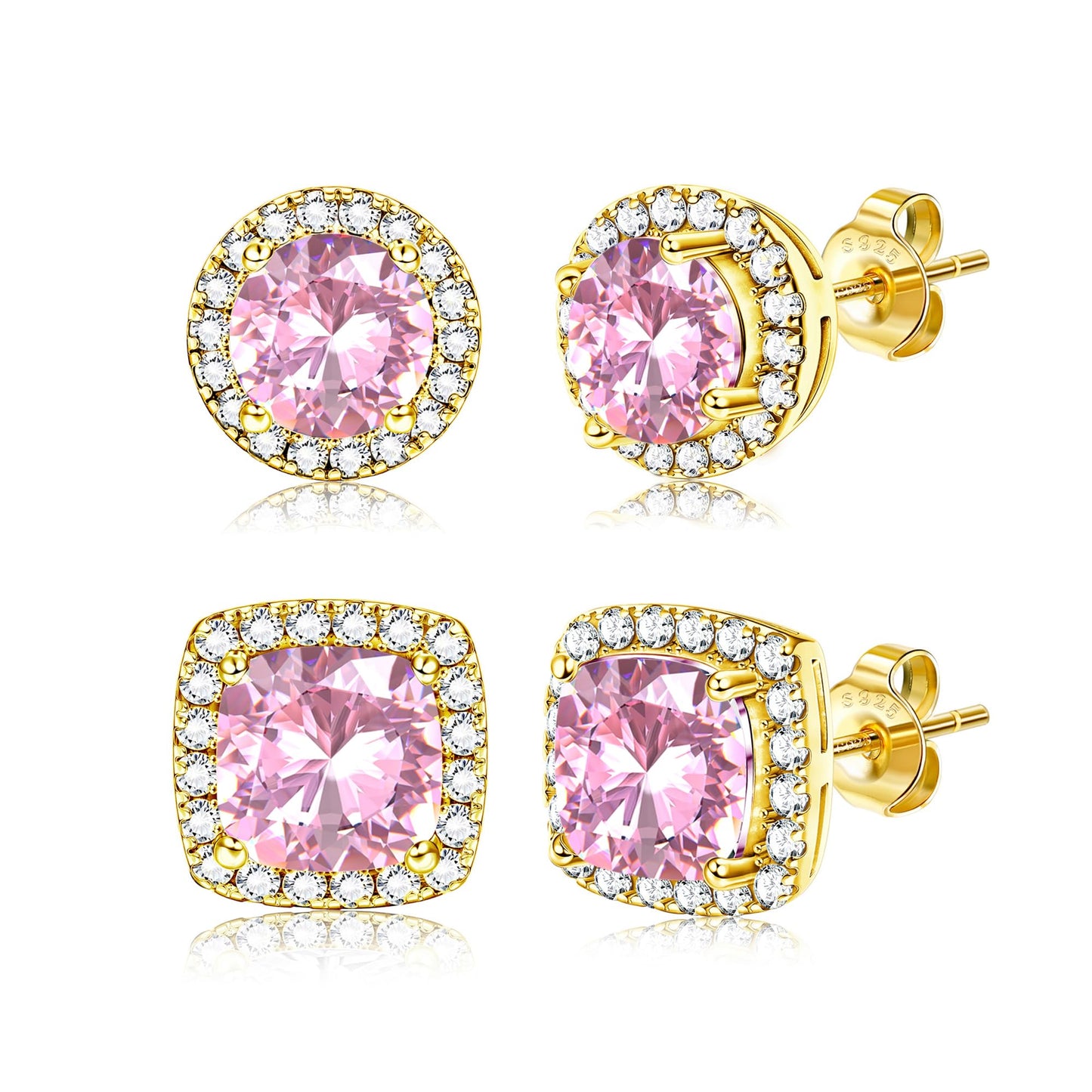 18K Gold Plated Halo Stud Earrings 925 Sterling Silver Cubic Zirconia Stud Earrings Round Square Diamonique Stud Earrings Set for Women Men