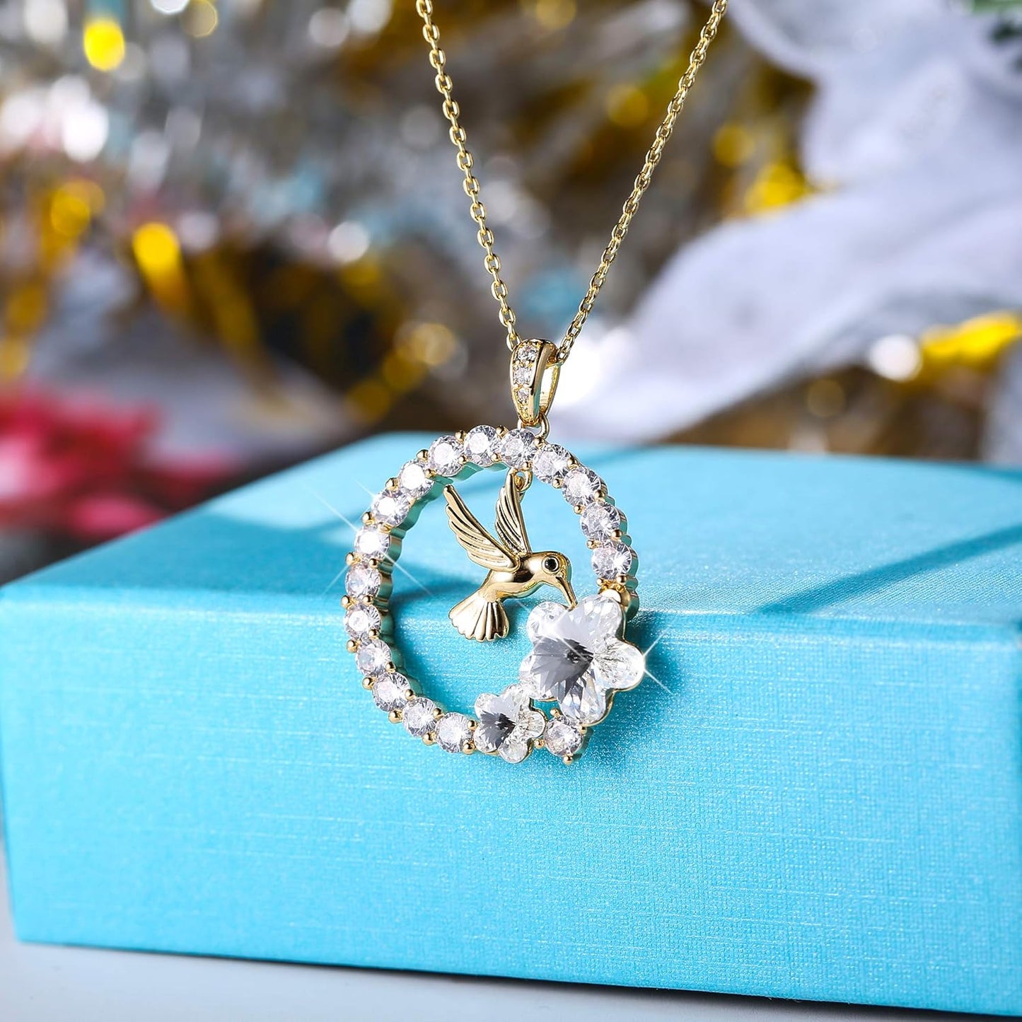 Sllaiss 18K Gold Plated Hummingbird Pendant Necklace for Women Circle Necklace, Animal Necklace Crystals from Austria,Jewelry Gifts for Christmas
