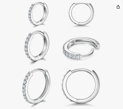 925 Sterling Silver Small Hoop Earrings Cubic Zirconia Earrings, 3 Pairs, 14K White Gold Plated Ear Bone Pierced Earrings Clip-On Small Hoop Earrings, Unisex