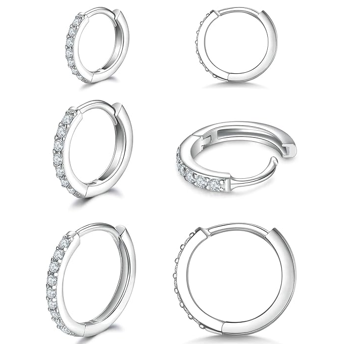 925 Sterling Silver Small Hoop Earrings Cubic Zirconia Earrings, 3 Pairs, 14K White Gold Plated Ear Bone Pierced Earrings Clip-On Small Hoop Earrings, Unisex