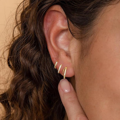Gold Huggie Hoop Earrings Set for Women, Dainty Small Sterling Silver Earring for Multiple Piercing Hypoallergenic Jewelry, Trendy Twisted CZ Cartilage Earings for Women's Mother Gifts 3Pairs
