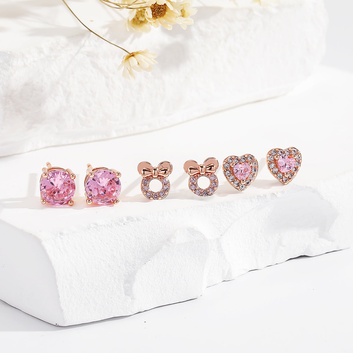 3-Pair Pink Gemstone Stud Earrings Set