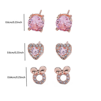 3-Pair Pink Gemstone Stud Earrings Set
