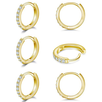 925 Sterling Silver Small Hoop Earrings Cubic Zirconia Earrings, 3 Pairs, 14K White Gold Plated Ear Bone Pierced Earrings Clip-On Small Hoop Earrings, Unisex