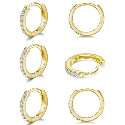 925 Sterling Silver Small Hoop Earrings Cubic Zirconia Earrings, 3 Pairs, 14K White Gold Plated Ear Bone Pierced Earrings Clip-On Small Hoop Earrings, Unisex