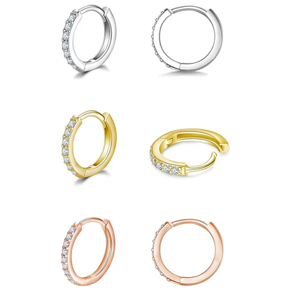 925 Sterling Silver Small Hoop Earrings Cubic Zirconia Earrings, 3 Pairs, 14K White Gold Plated Ear Bone Pierced Earrings Clip-On Small Hoop Earrings, Unisex