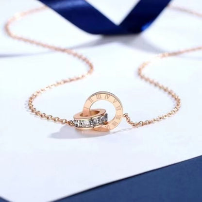 Interlocking Roman Numeral Necklace: 18K Gold-Plated Titanium Necklace with Diamonds for Women