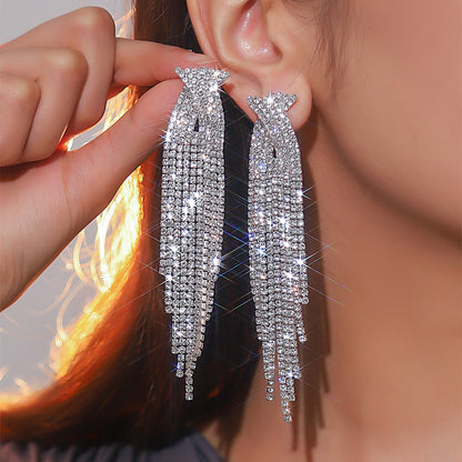 欧美时尚重工款满钻半圆蓝流苏水钻长耳线耳坠气质耳环交叉水钻耳