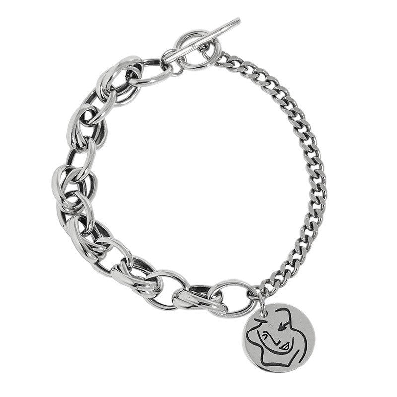 SLB0013韩版ins小众设计复古做旧质感头像圆牌OT扣S925纯银手链女