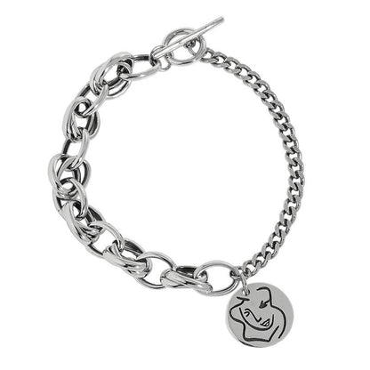 SLB0013韩版ins小众设计复古做旧质感头像圆牌OT扣S925纯银手链女