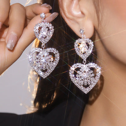 亚马逊美国独立日个性夸张长款流苏爱心耳环女水钻超闪耳钉耳饰品