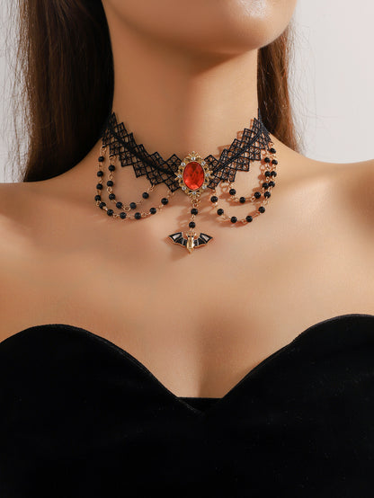 欧美跨境 复古黑色蕾丝玫瑰花项链手链戒指套装女 暗黑风颈链手饰