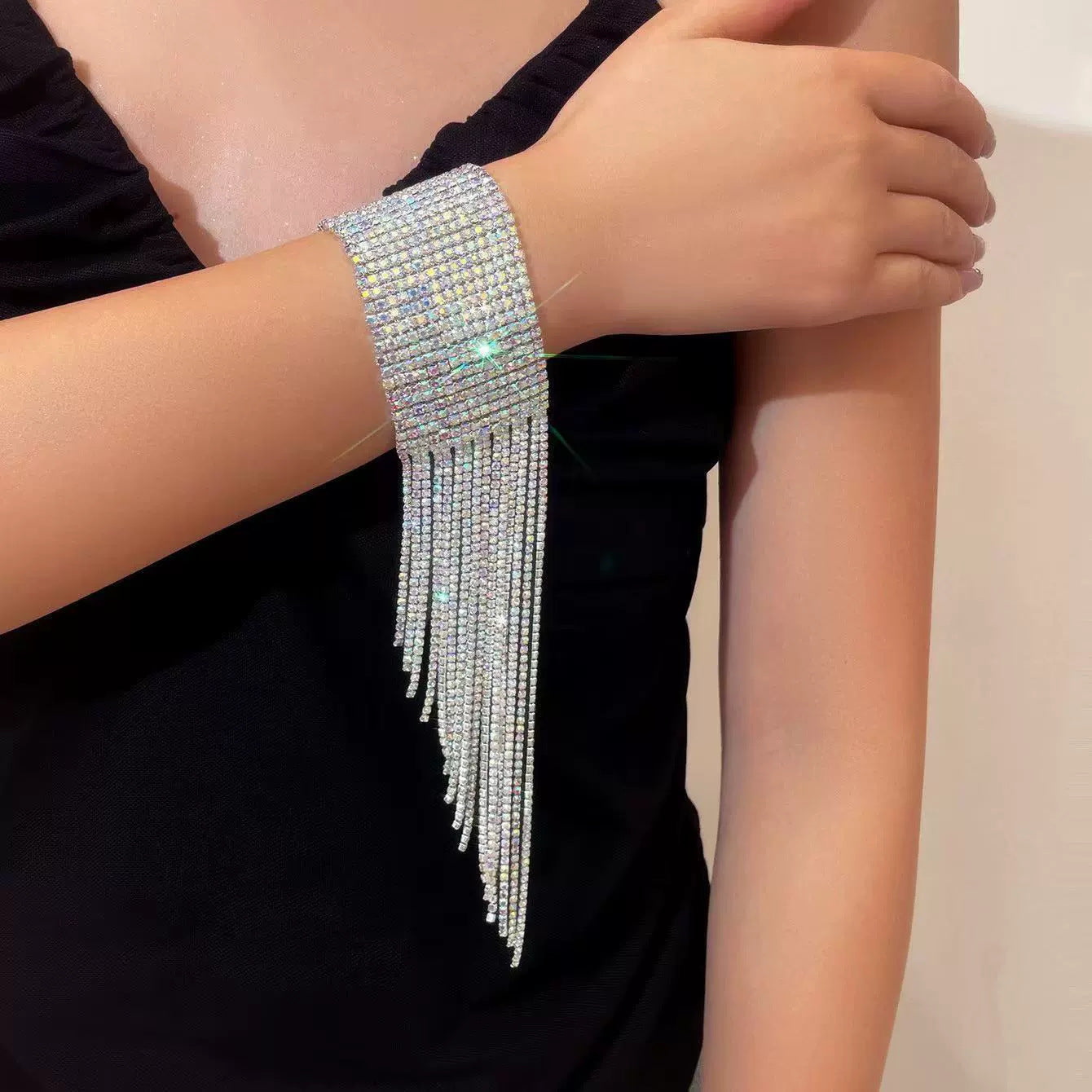 DINGKA 夸张超闪宽边水钻流苏手链女 时尚百搭满钻手镯网红手饰