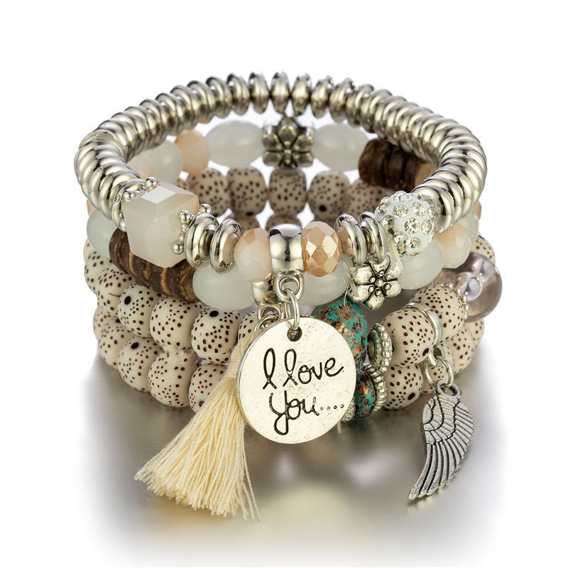 Boho Multi-Layer Stackable Beaded Stretch Bracelet, Bohemian Wrap Bracelet with Tassel & "I Love You" Charm