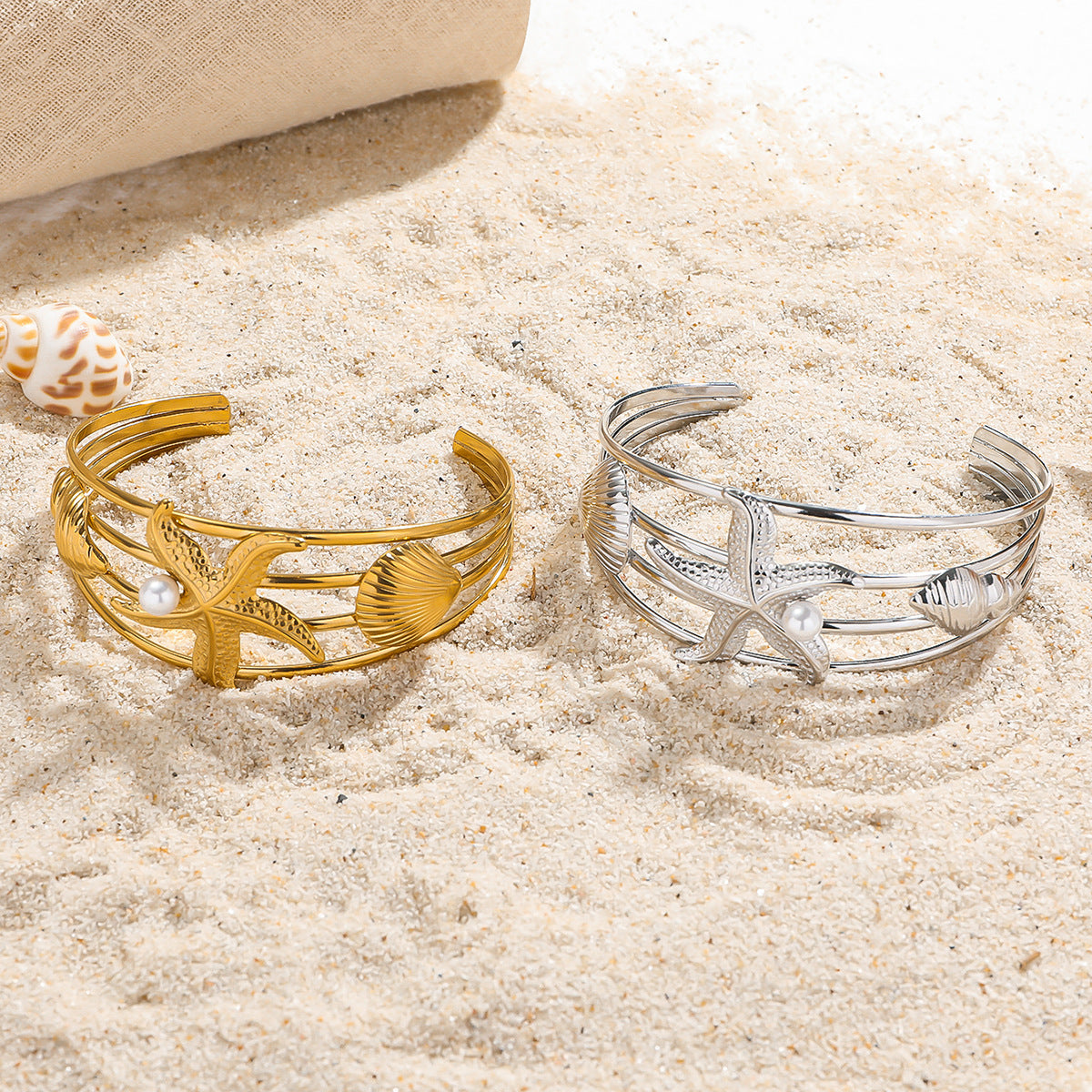 麦芽欧美跨境不锈钢开口海星海螺贝壳珍珠多层手镯钛钢海洋风手环