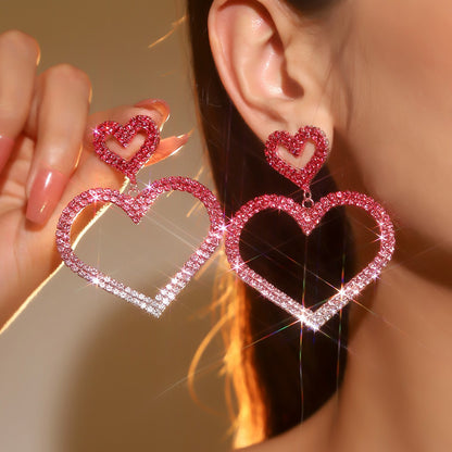 跨境情人节大爆款 奢华闪亮满钻爱心耳环女 时尚双桃心耳钉耳饰品