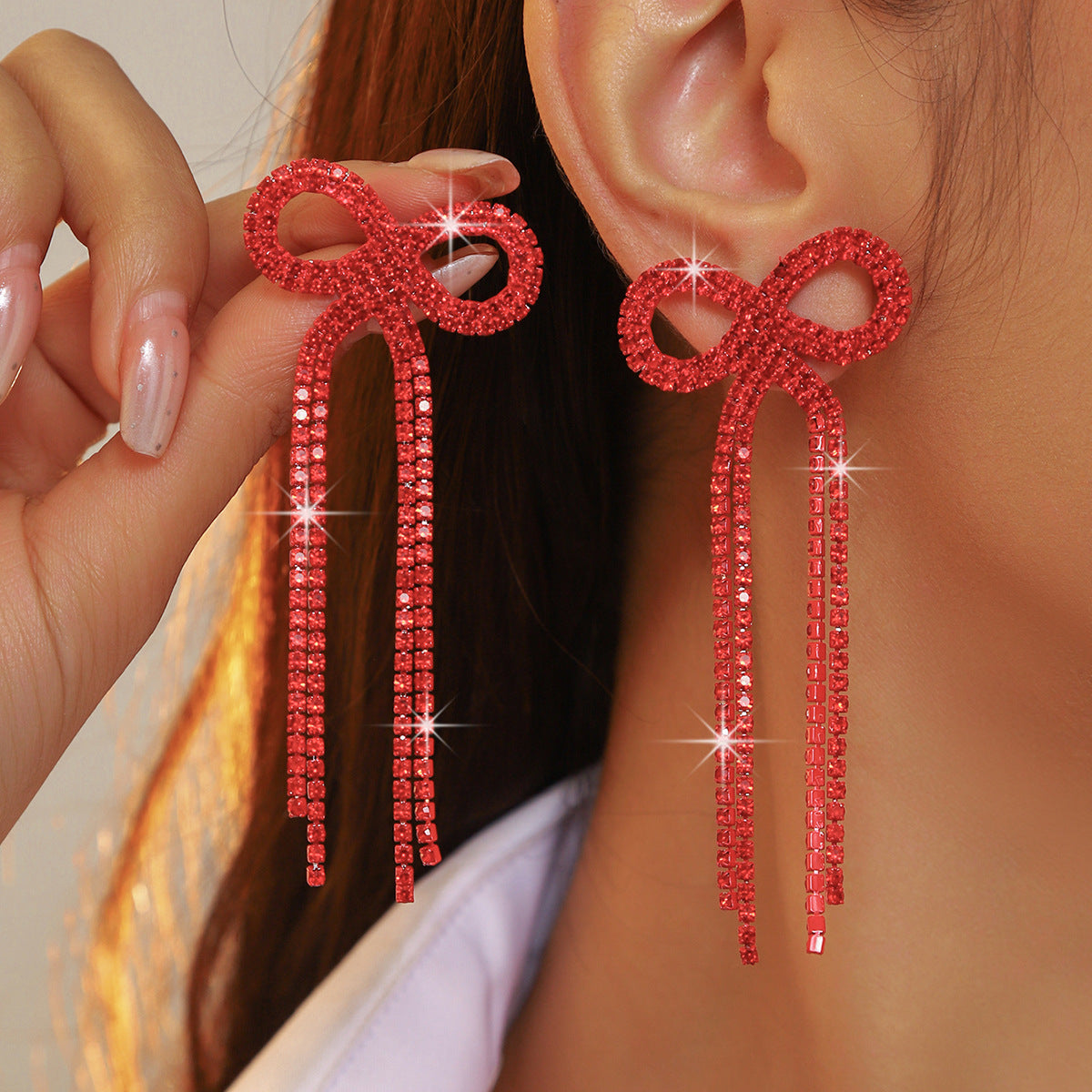 全铜 百搭蝴蝶结长款流苏耳环 时尚闪亮水钻耳钉无耳洞耳夹款