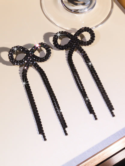 全铜 百搭蝴蝶结长款流苏耳环 时尚闪亮水钻耳钉无耳洞耳夹款