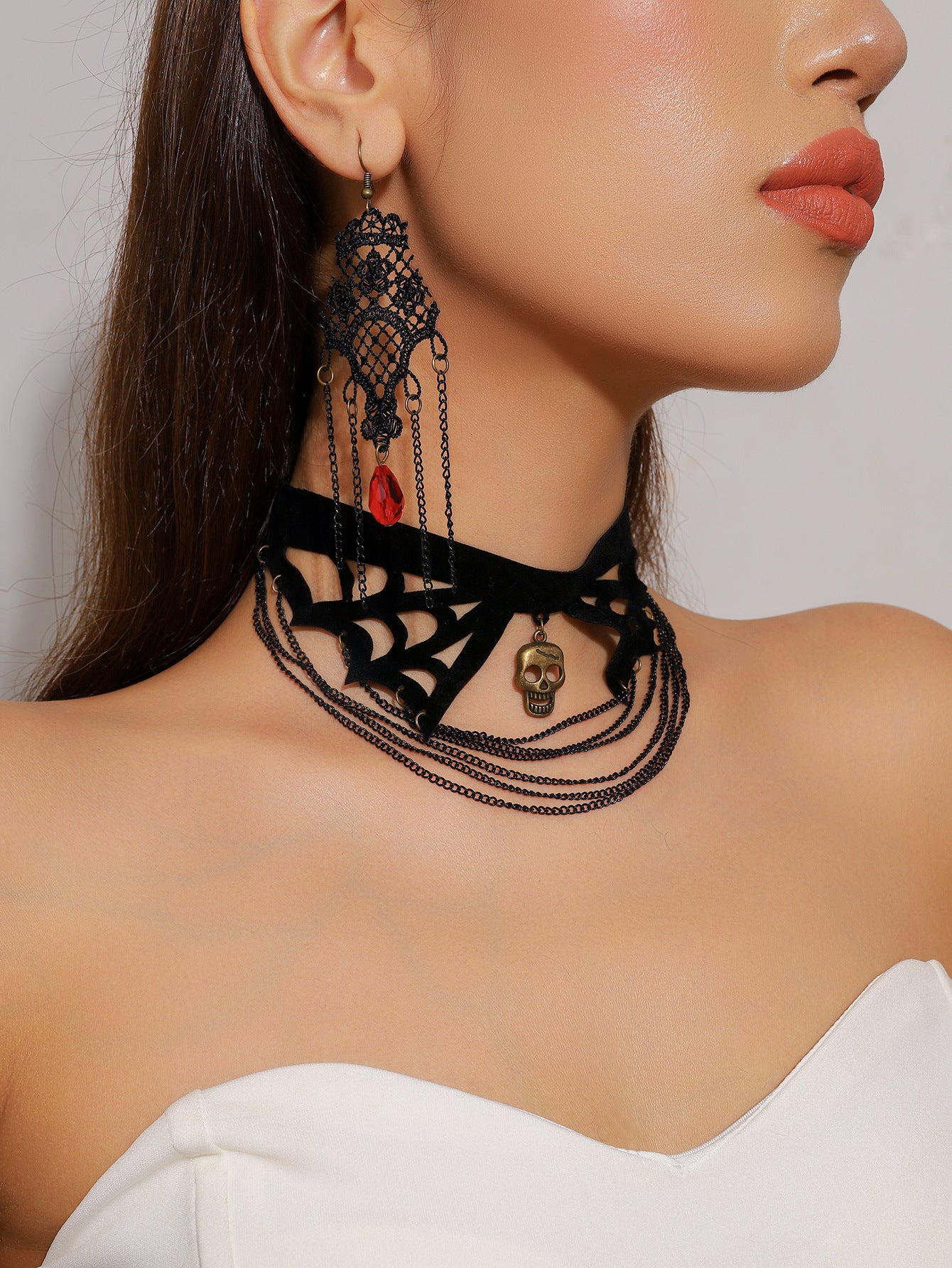 欧美跨境 复古黑色蕾丝玫瑰花项链手链戒指套装女 暗黑风颈链手饰